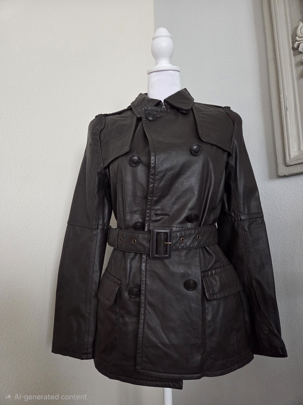 Leon max (Max Studio) Black Leather Trench Coat with Belt (S) - Limited Edition